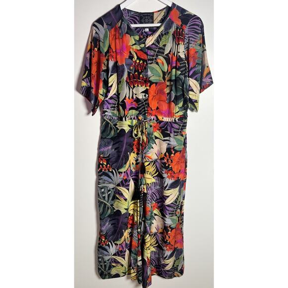 Johnny Was Jade Size XS Tropical Print Wide Leg Silk Button Up‎ Jumpsuit Romper - Picture 3 of 11